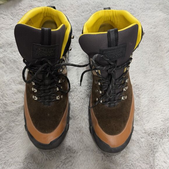Burberry Brown Leather Vintage Check Cotton Suede Tor Hiking Boots 44 US 11 M main image 4